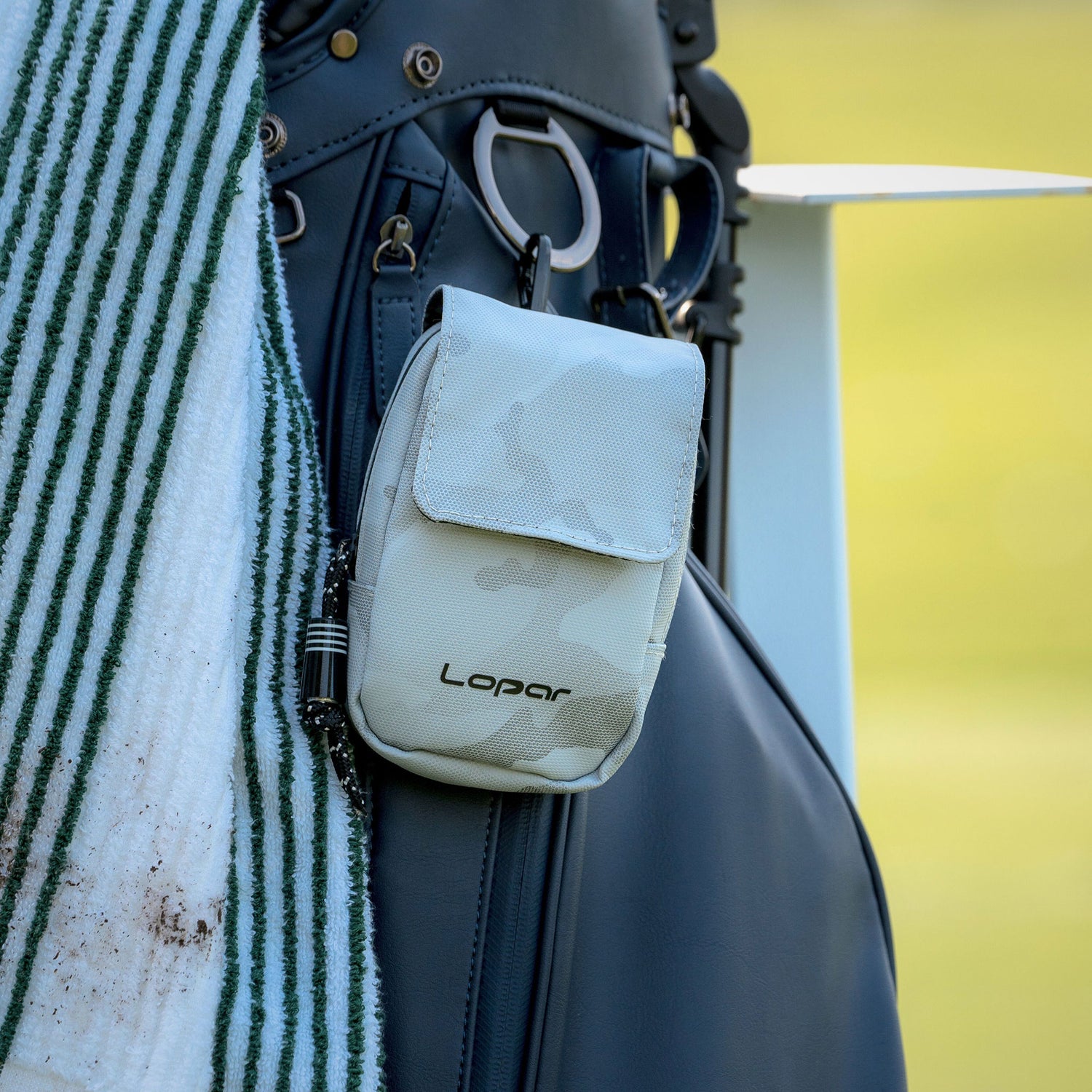 grey camo rangefinder case on golf bag