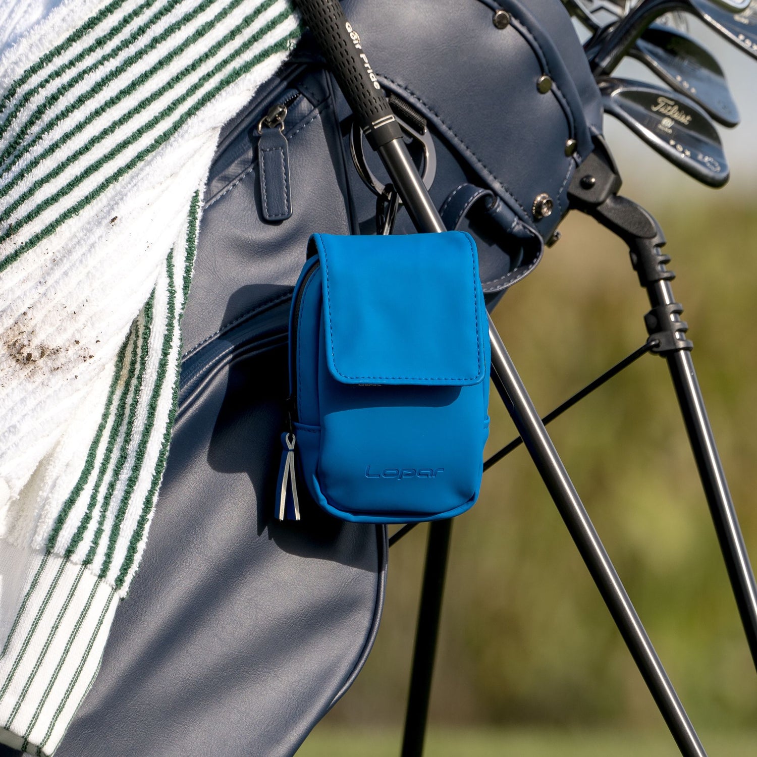 royal blue rangefinder case on golf bag