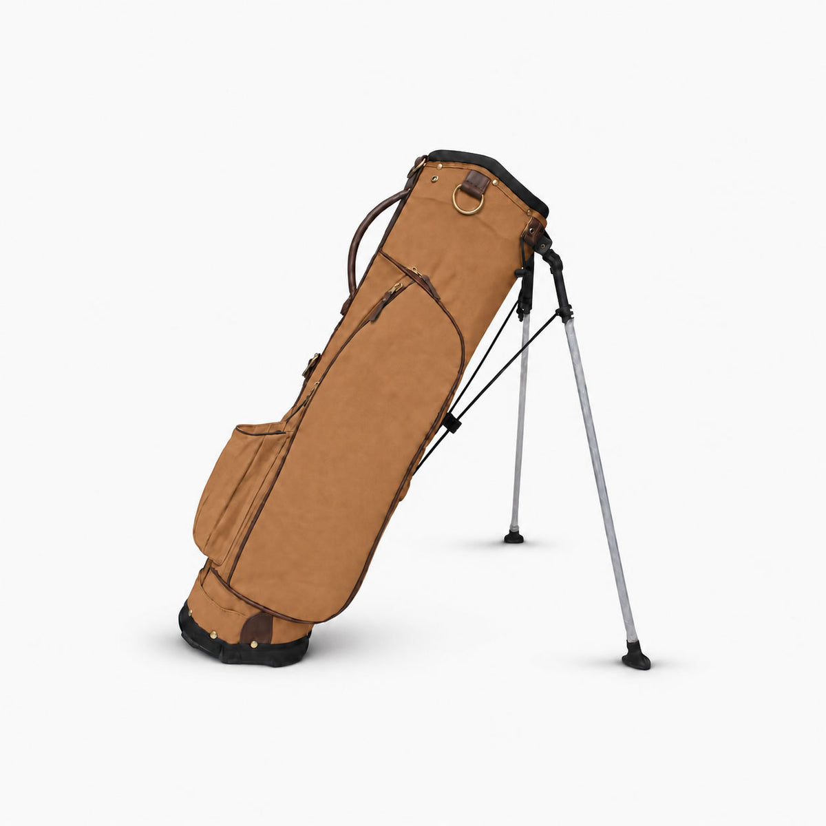 tan canvas golf bag standing without any clubs